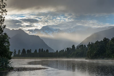 Scenic view of lake and mountains against sky