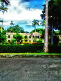 Palm trees and buildings against cloudy sky