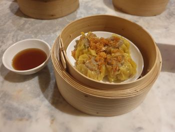 High angle view of food in bowl on table