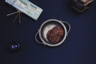 High angle view of breakfast served on table