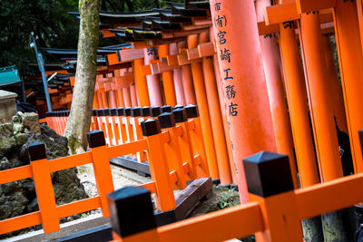 Close-up of orange gate in temple