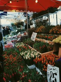 Various flowers for sale at market stall