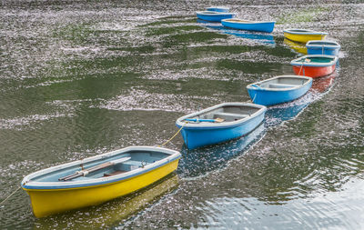 High angle view of boats moored in lake at chidori-ga-fuchi