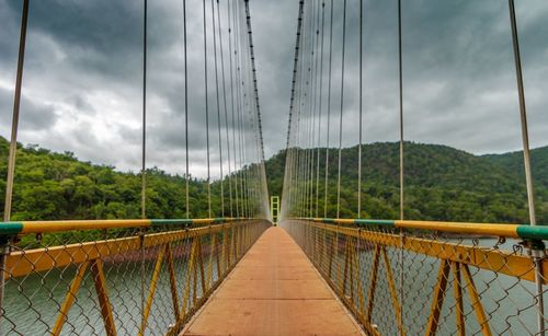 View of suspension bridge against cloudy sky