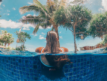 Rear view of woman in swimming pool against trees