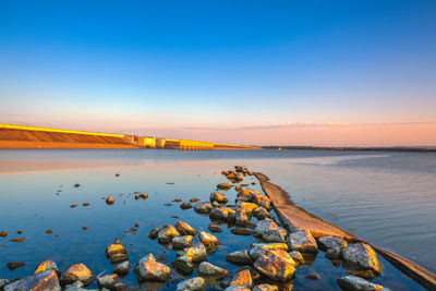 Scenic view of sea against clear sky at sunset