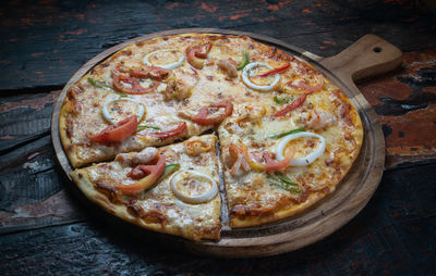 High angle view of pizza on table