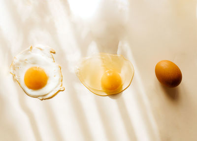 High angle view of eggs in bowl on table