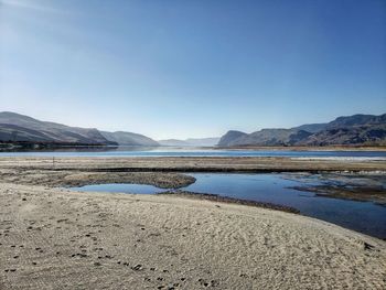 Scenic view of lake against clear blue sky