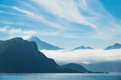 Scenic view of sea and mountains against sky