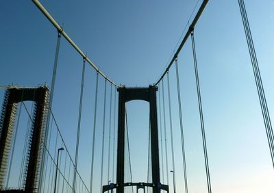 Low angle view of suspension bridge against sky