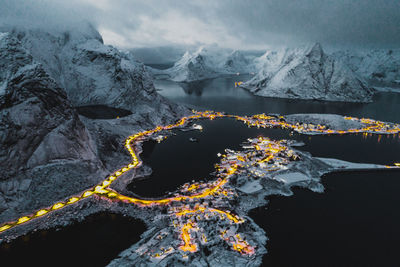 Aerial view of lake during winter