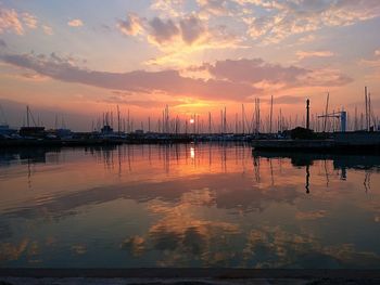 Sailboats in marina at sunset
