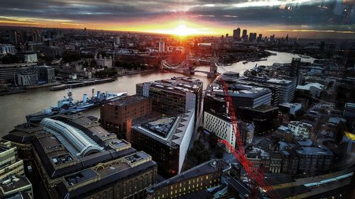 High angle view of cityscape during sunset