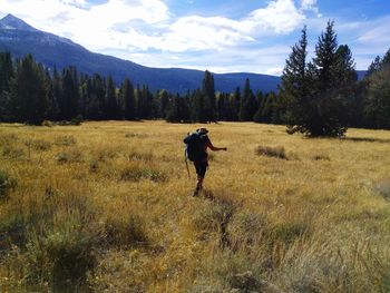 Rear view of man walking on mountain against sky