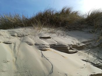 Scenic view of beach against sky during winter