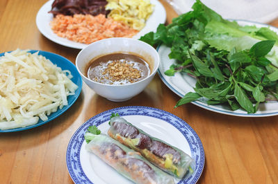 High angle view of meal served on table