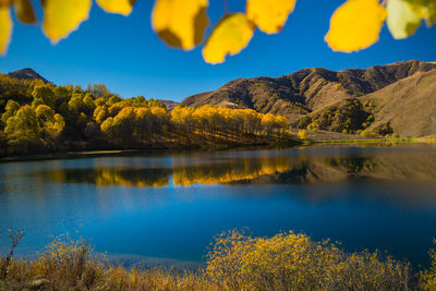 Scenic view of lake and mountains against blue sky