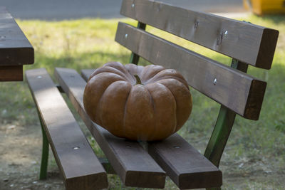 Close-up of pumpkin on wooden table