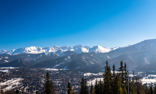 Scenic view of snowcapped mountains against clear blue sky