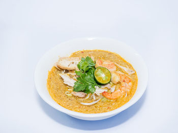 Close-up of food served on table