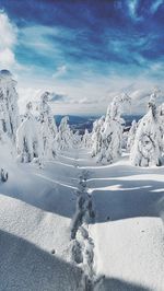 Snow covered landscape against sky