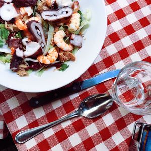 High angle view of food served on table