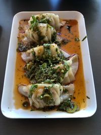 High angle view of food in plate on table