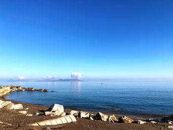 Scenic view of sea against clear blue sky