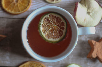 High angle view of drink on table