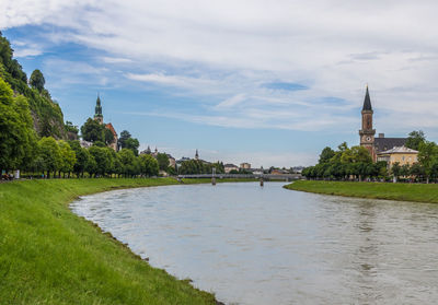 Panoramic view of river amidst buildings against sky