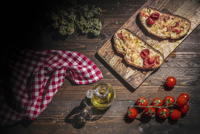 High angle view of pizza on table