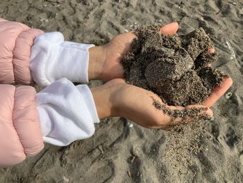 Close-up of woman holding sand at beach