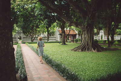 Rear view of woman walking on footpath in park