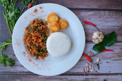 High angle view of food in plate on table