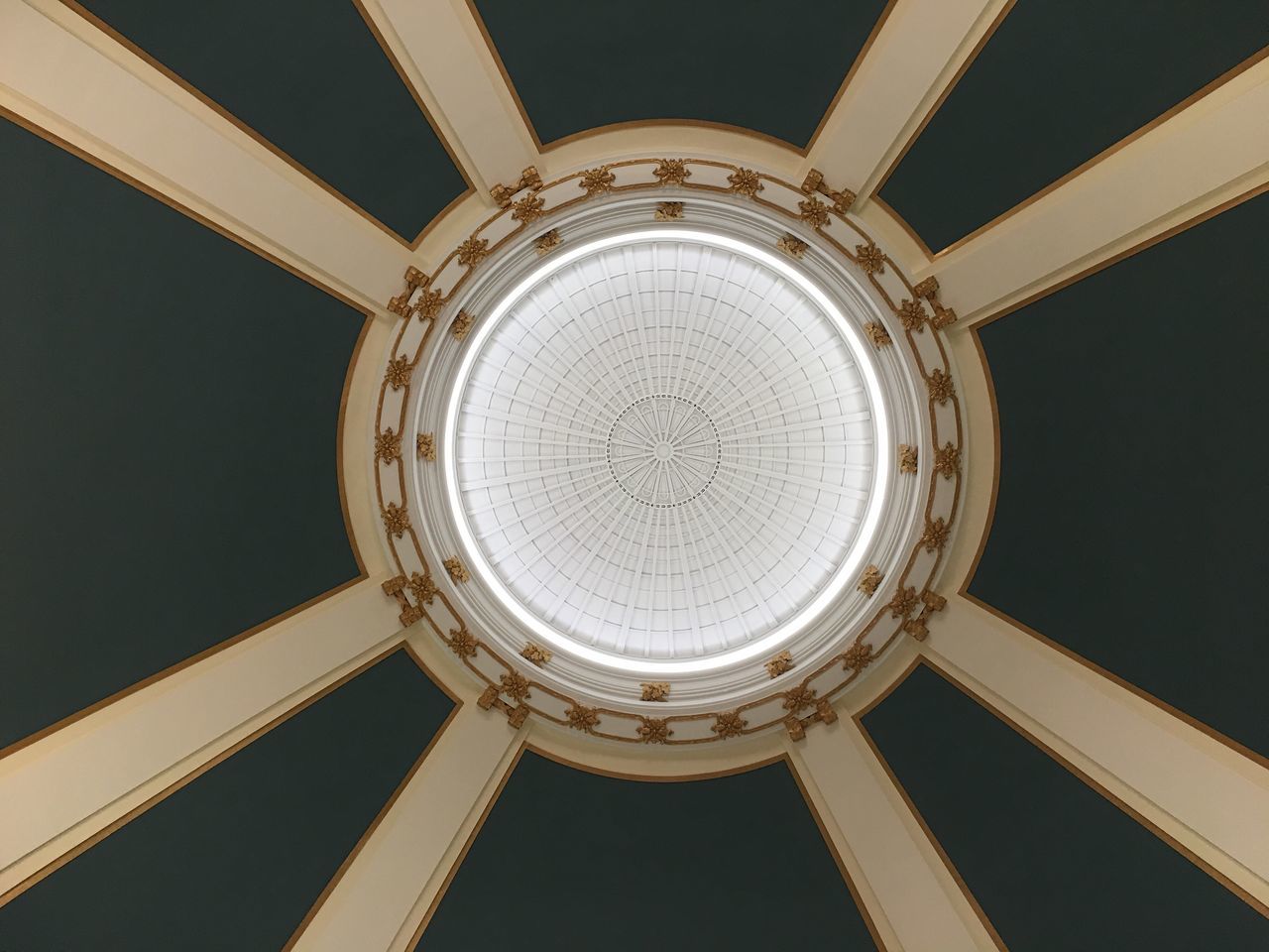 architecture, built structure, dome, low angle view, architectural feature, pattern, indoors, no people, illuminated, modern, day