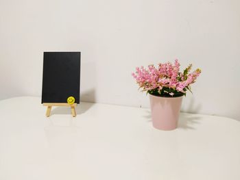 Close-up of flower pot by blackboard on table against wall