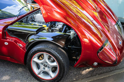 High angle view of red car in city