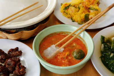 High angle view of meal served on table