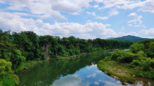 Scenic view of lake by trees against sky