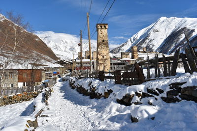 Winter in ushguli in the caucasus mountains in samegrelo-zemo svaneti region, georgia