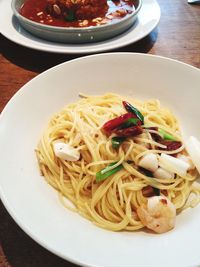 Close-up of noodles served in plate on table