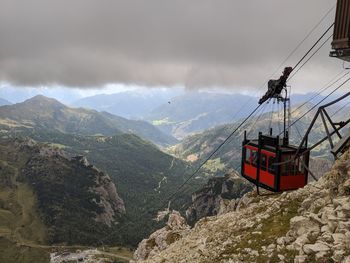 Overhead cable car over mountains against sky