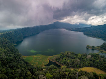 Scenic view of lake and mountains against sky