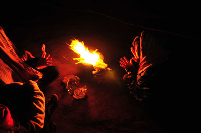 High angle view of fire in the dark