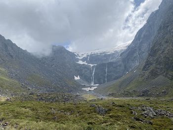 Scenic view of snowcapped mountains against sky