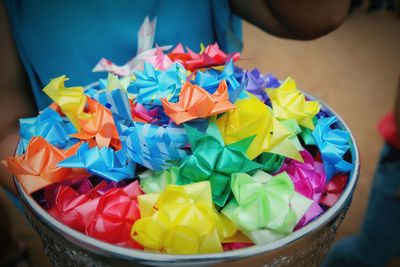 High angle view of multi colored candies on table