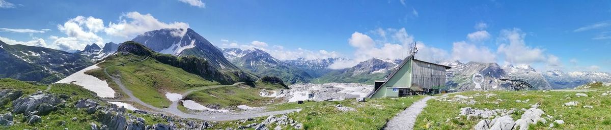 Panoramic view of snowcapped mountains against sky