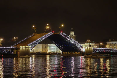 Illuminated bridge over river at night