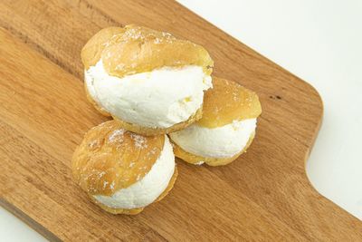 High angle view of dessert on cutting board